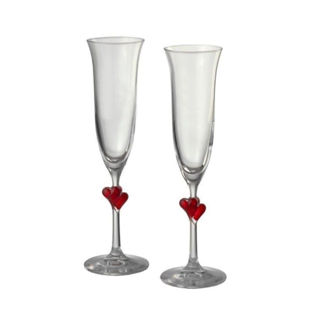2 Sektkelche L`Amour rote Herzen