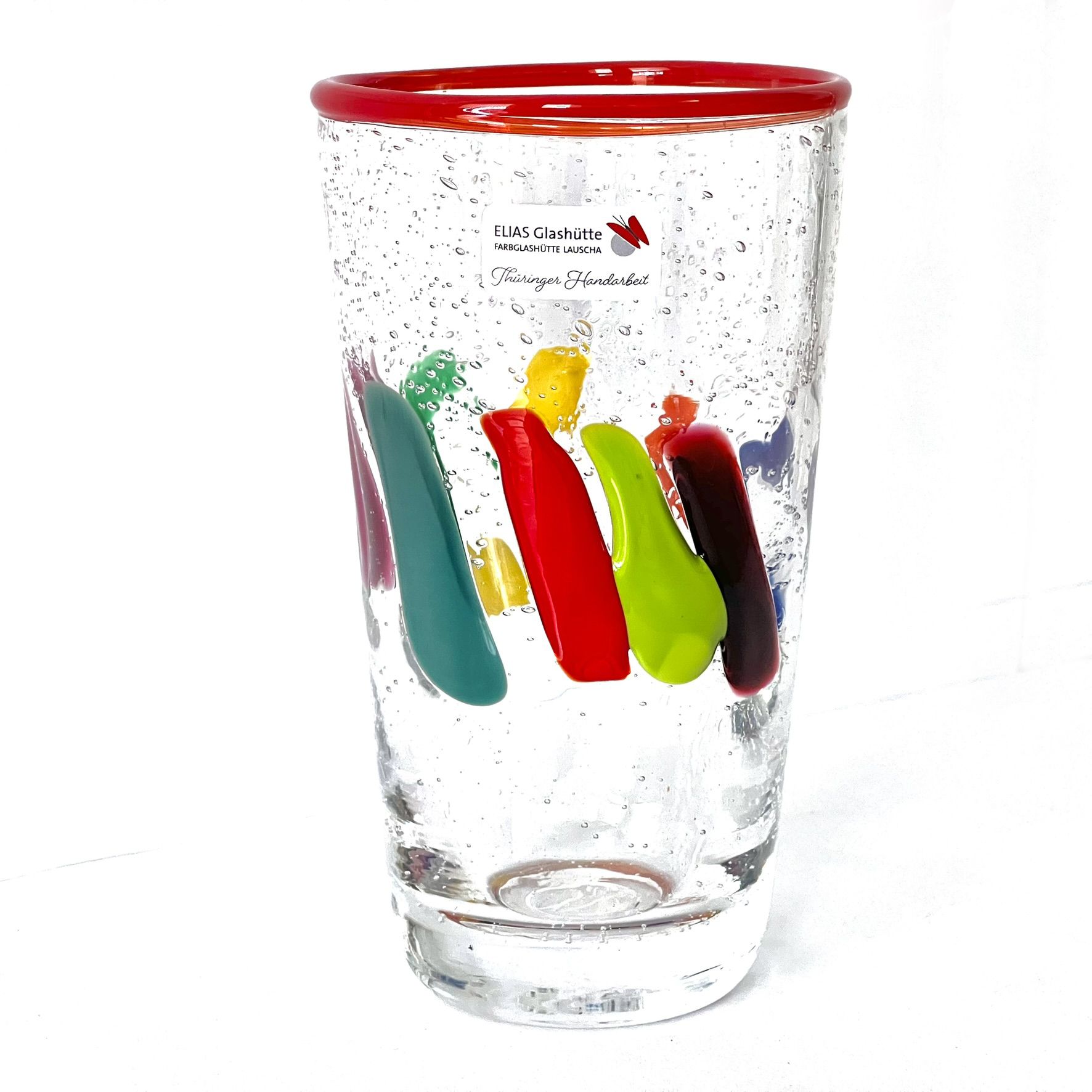 PUEBLO FarbGlasSerie  - Glas, Becher - Rand rot bunt - verspielt - vielfältig PUEBLO FarbGlasSerie  - Glas, Becher - Rand rot bunt - verspielt - vielfältig