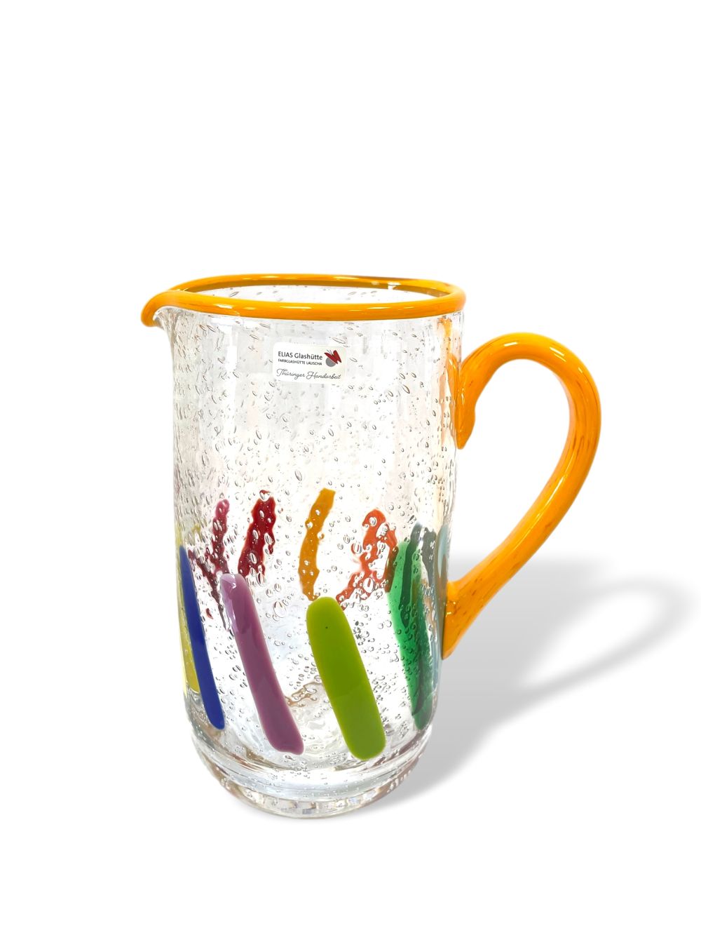PUEBLO FarbGlasSerie - Saftkrug - Rand warmes gelb, rötlich bunt - verspielt -vielfältig PUEBLO FarbGlasSerie - Saftkrug - Rand warmes gelb, rötlich bunt - verspielt -vielfältig