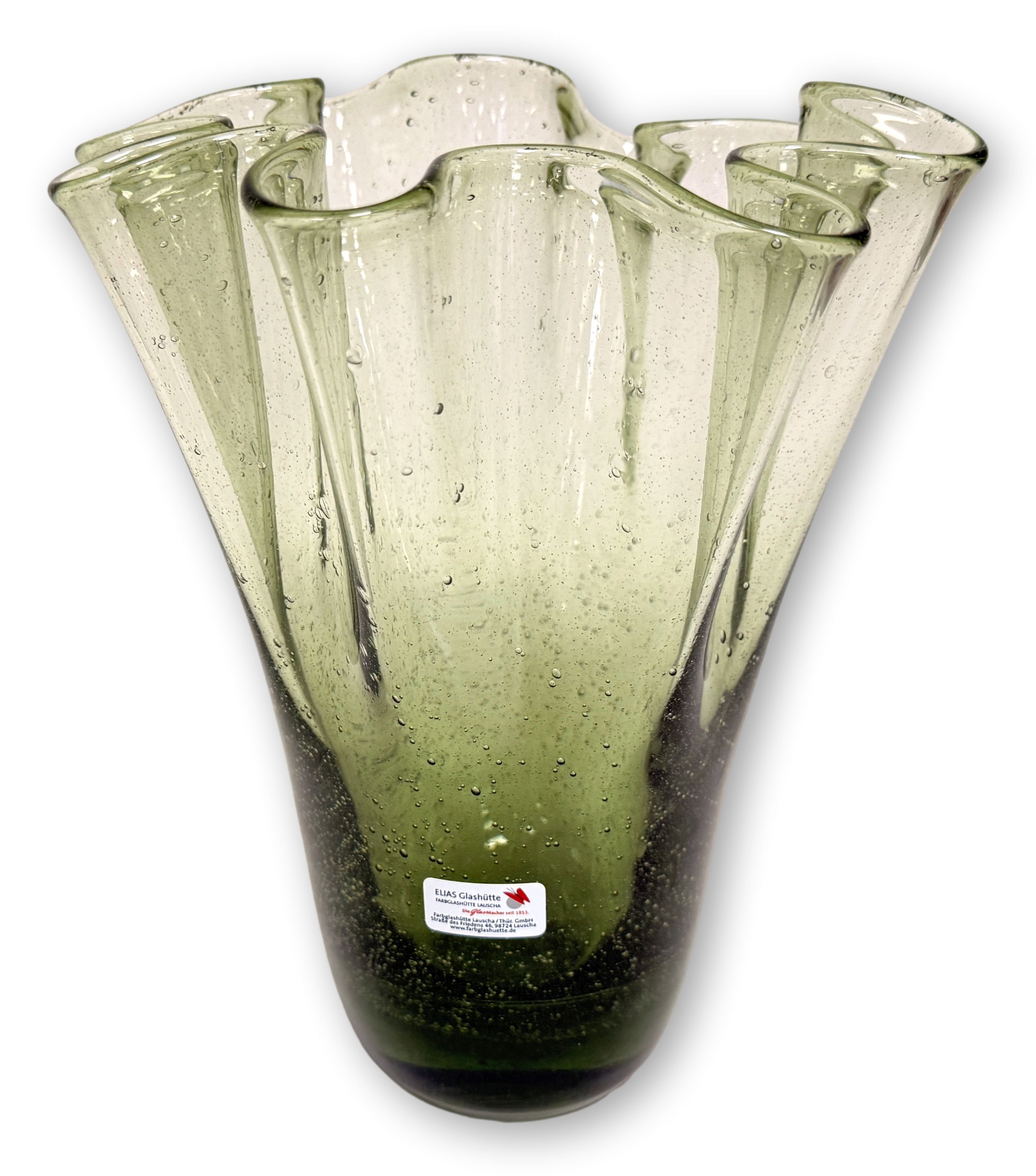 Original Thüringer Waldglas, Vase Florentine Faltenvase, ofenfertige, klassische Vase mit dem Abriss
