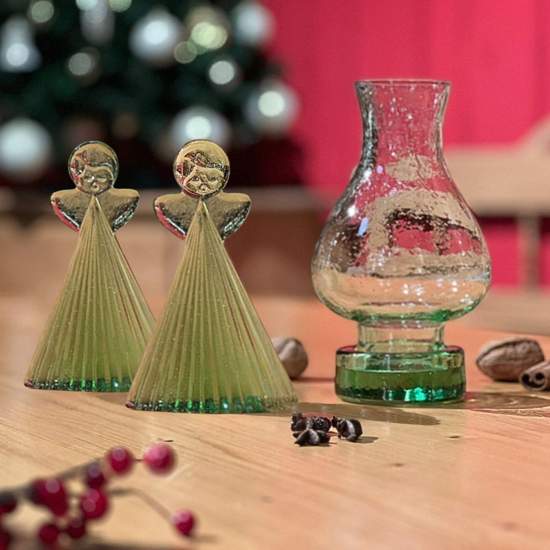 Original Thüringer Waldglas - Set Adventsnostalgie 2 Engel, Windlicht 'Landhaus' & Karte