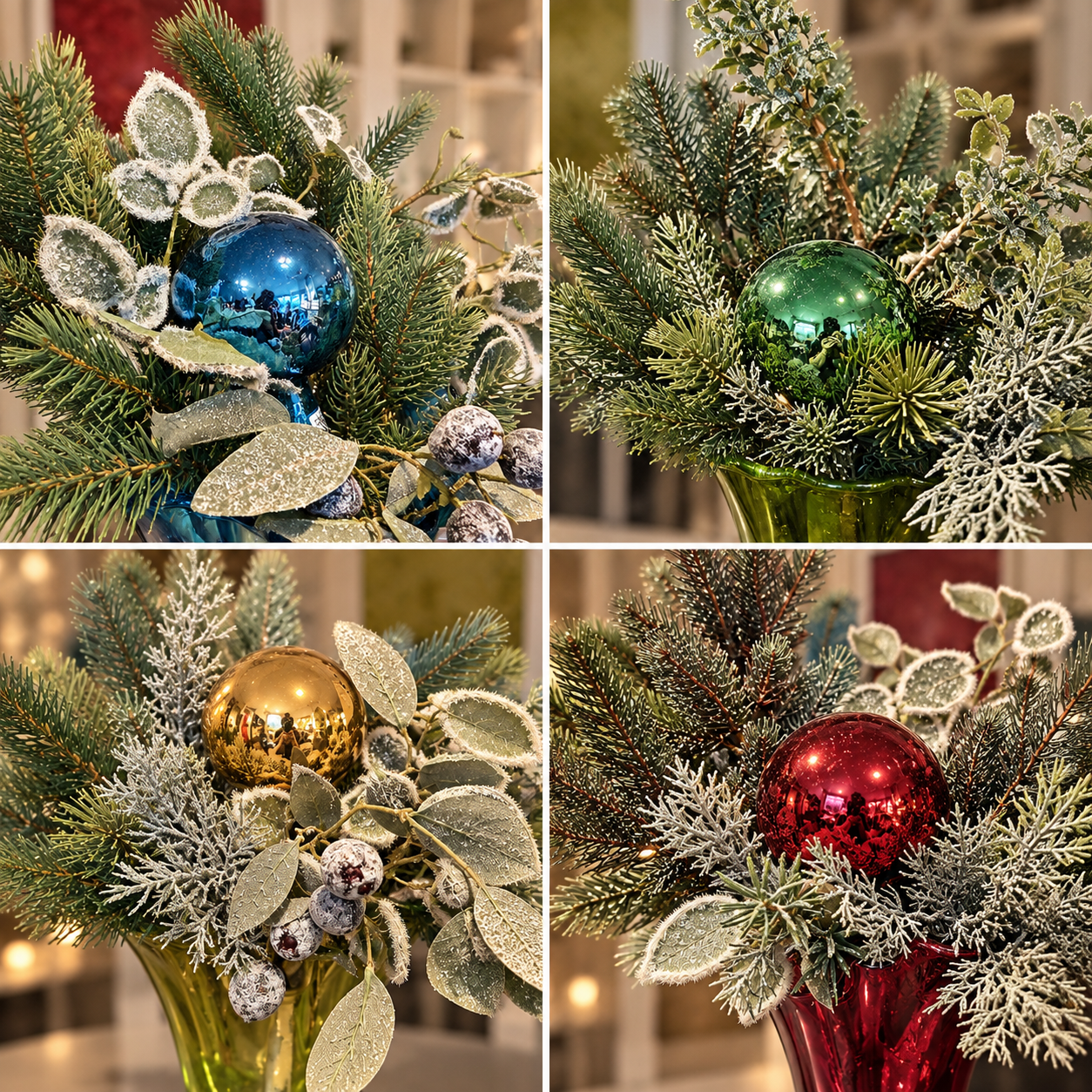 Festliche Weihnachtsbouquets und Glasdekorationen