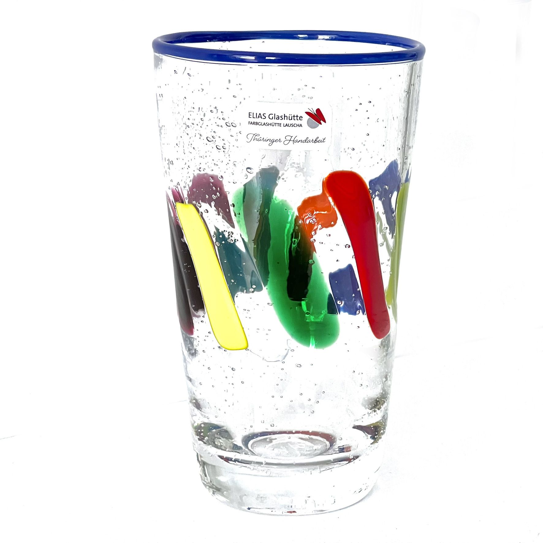PUEBLO FarbGlasSerie  - Glas, Becher - Rand blau bunt - verspielt - vielfältig PUEBLO FarbGlasSerie  - Glas, Becher - Rand blau bunt - verspielt - vielfältig