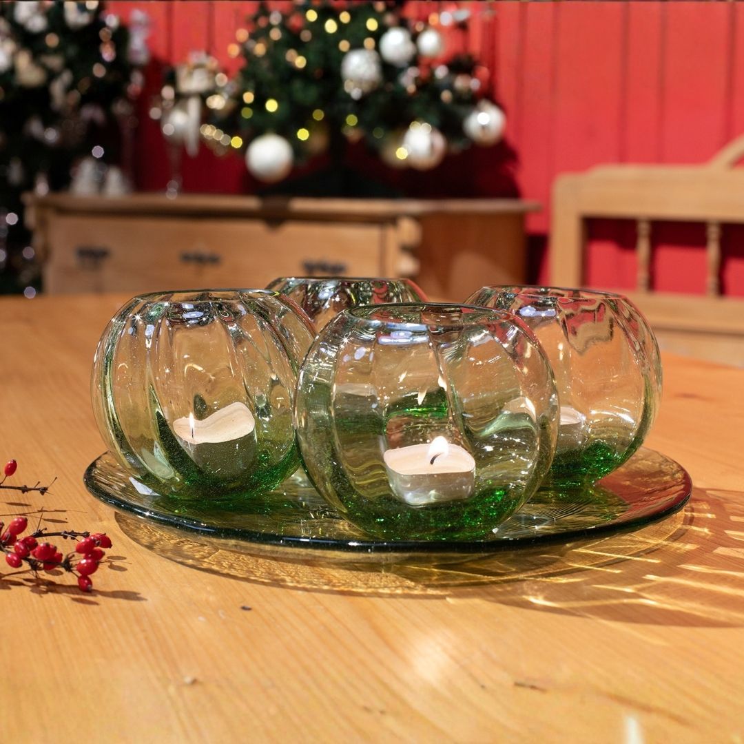 Original Thüringer Waldglas - Set Adventsromantik 4 Windlichter Adelheid, 1 Teller & Karte