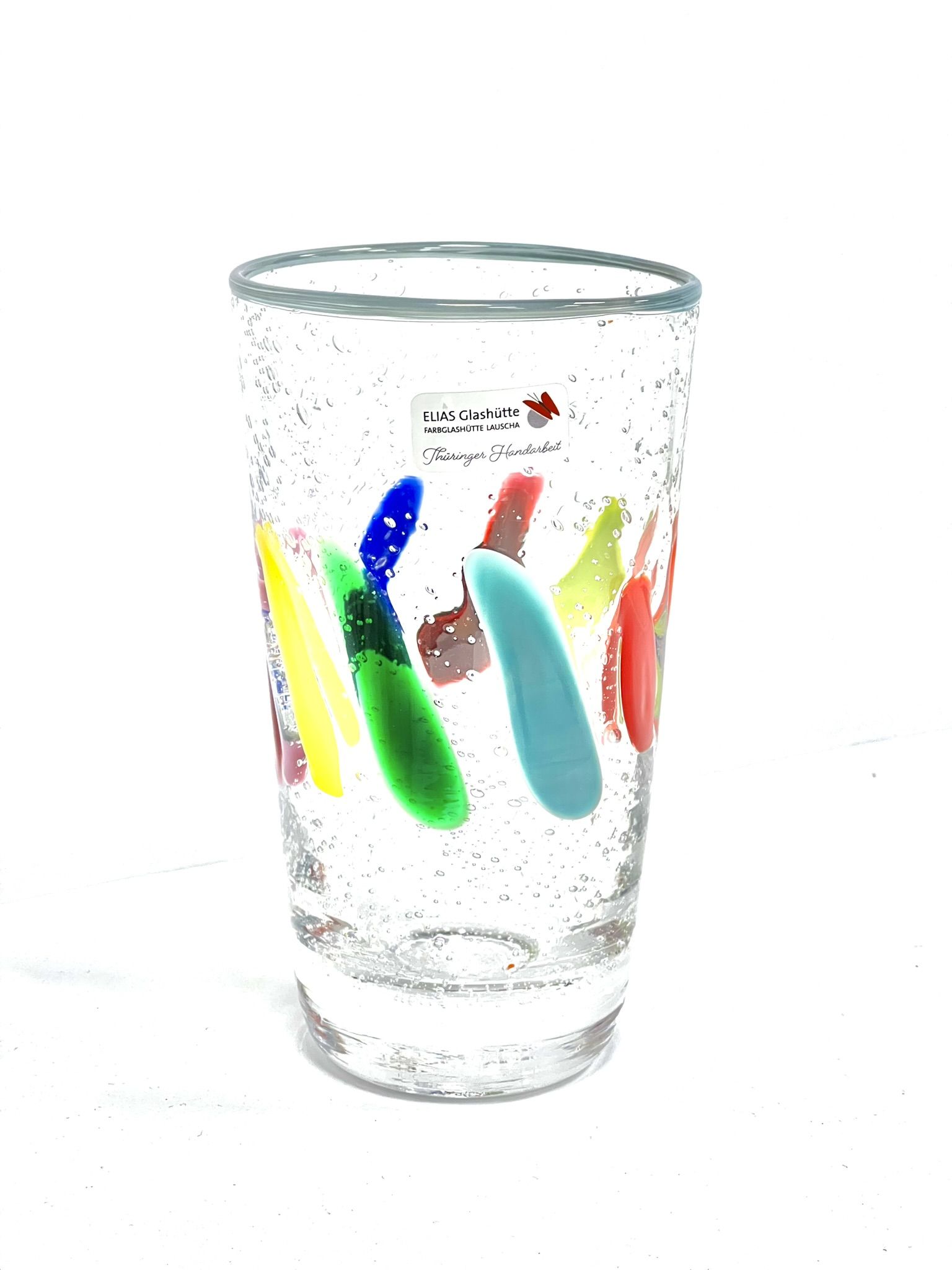PUEBLO FarbGlasSerie  - Glas, Becher - Rand türkis bunt - verspielt - vielfältig PUEBLO FarbGlasSerie  - Glas, Becher - Rand türkis bunt - verspielt - vielfältig