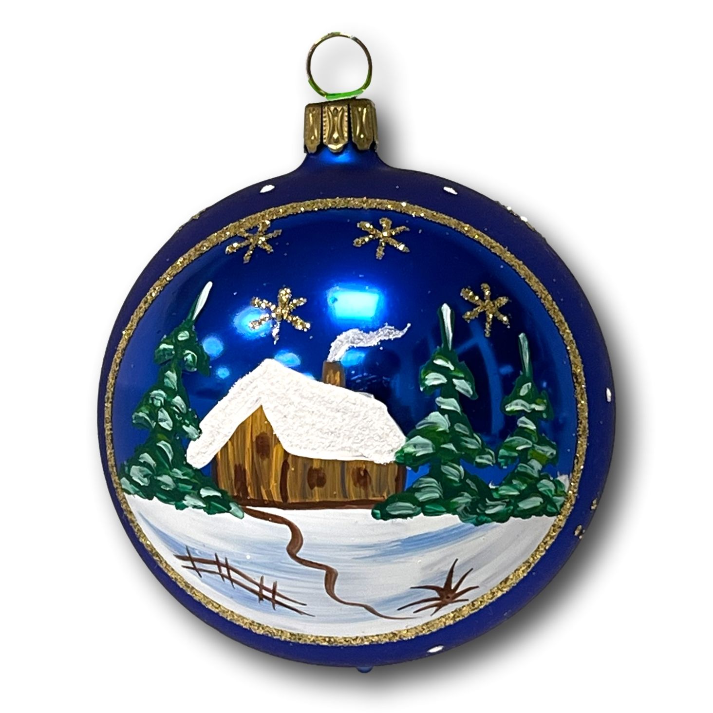 Christbaum Kugel 8 cm matt dunkelblau, Motiv Bergweihnacht Weihnachtsbaumschmuck LANDHAUS