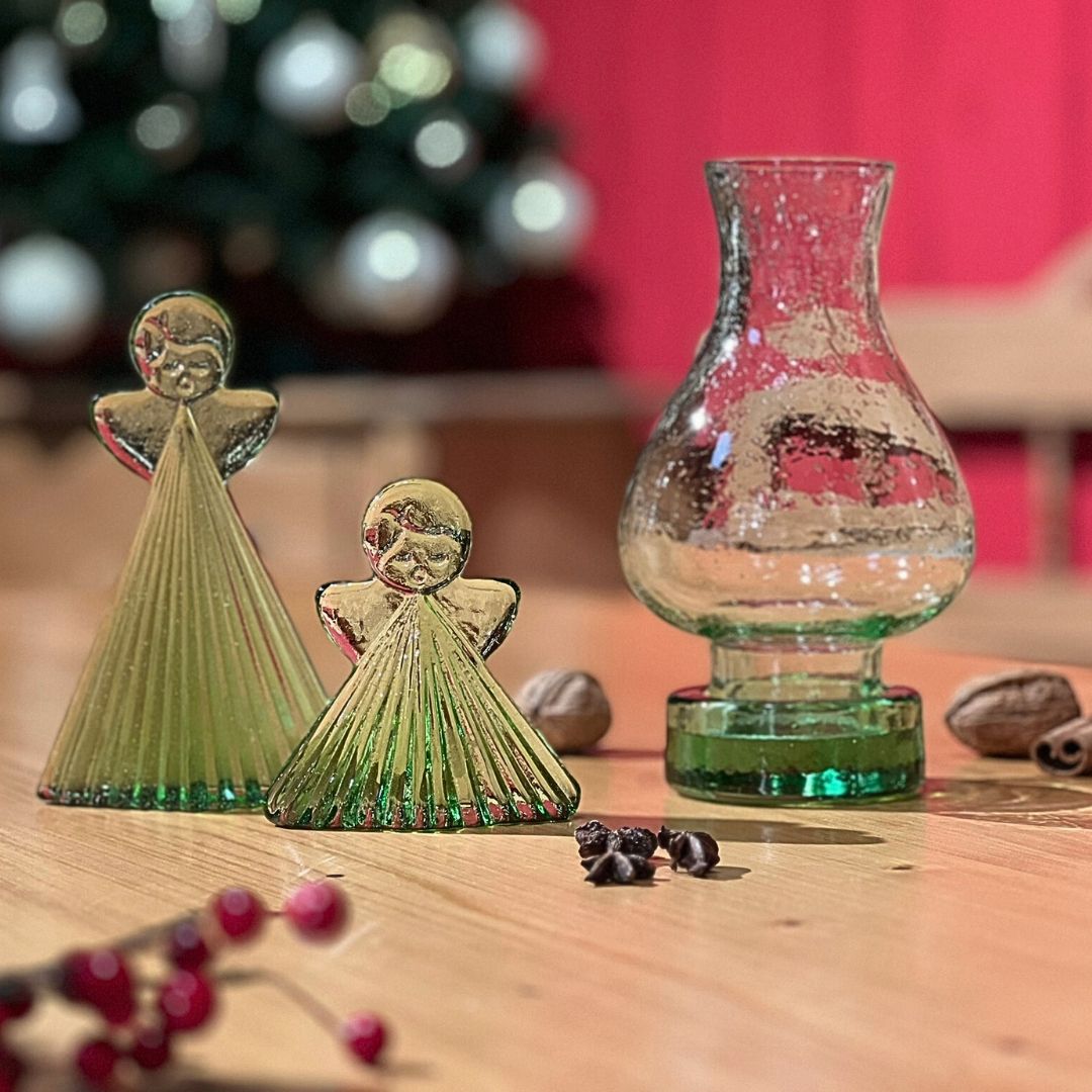 Original Thüringer Waldglas - Set Adventsnostalgie 2 Engel, Windlicht 'Landhaus' & Karte