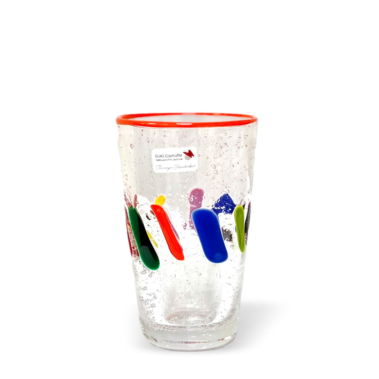 PUEBLO FarbGlasSerie  - Glas, Becher - Rand orange rötlich bunt - verspielt - vielfältig PUEBLO FarbGlasSerie  - Glas, Becher - Rand orange rötlich bunt - verspielt - vielfältig