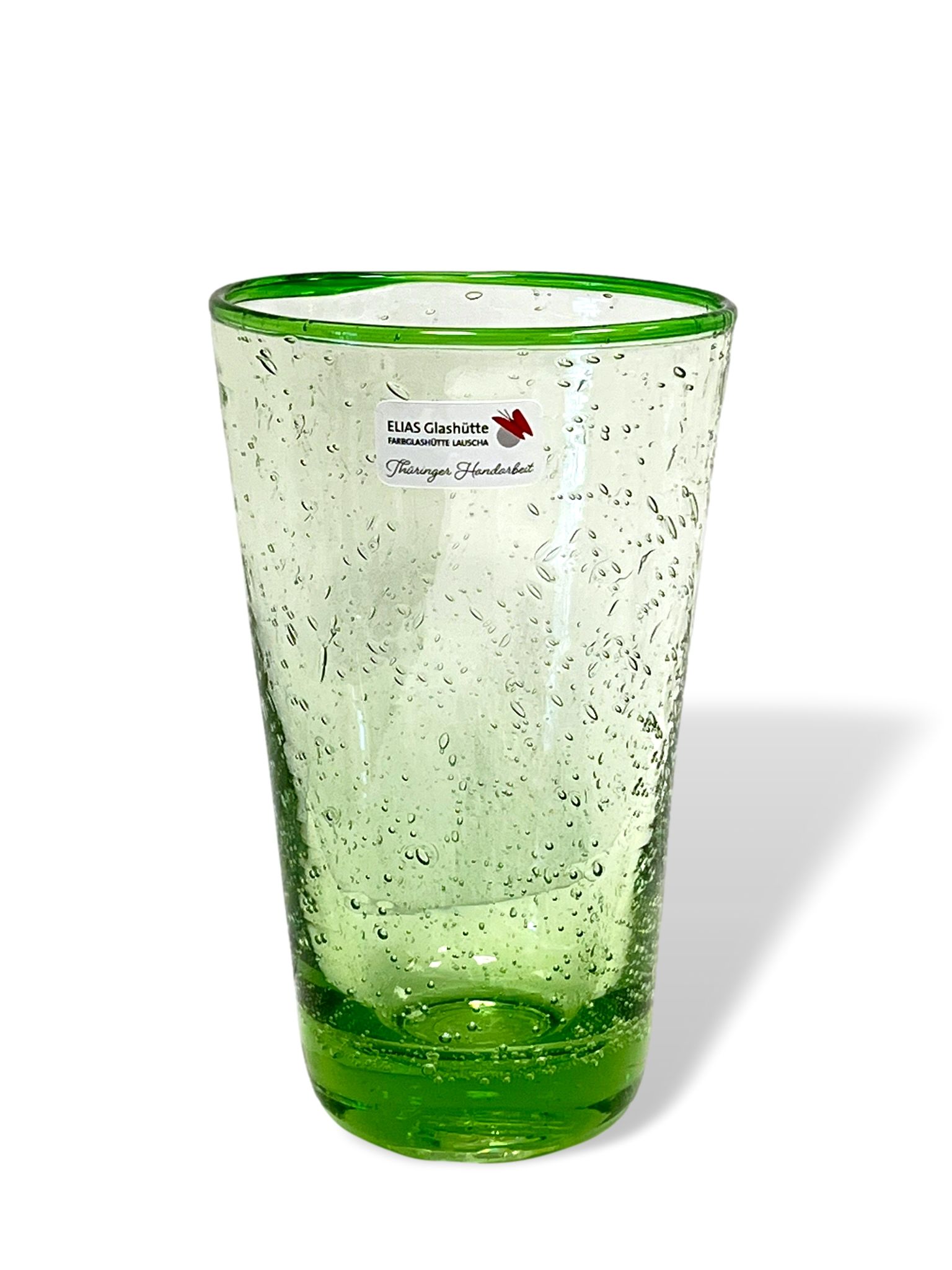 Original Thüringer WaldglasALBERTA Becherglas grüner Rand auf prickelnd gebläseltem Waldglas