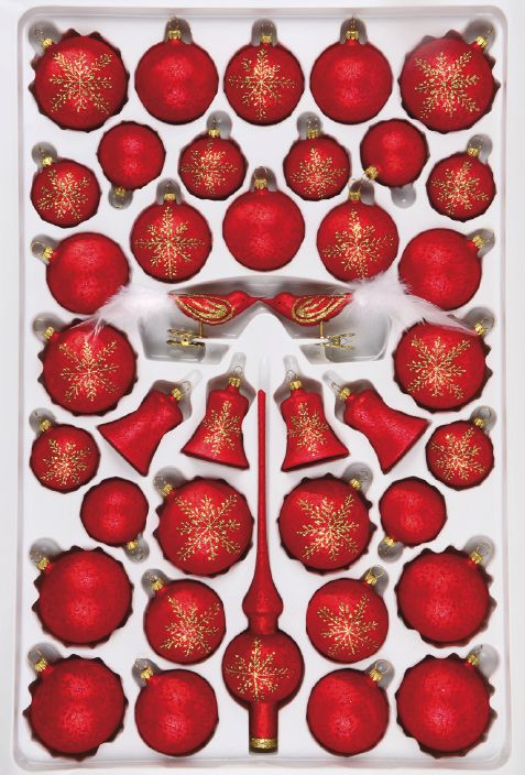 .Christbaumschmuck Sortiment MYSTIC RED 39-teilig Weihnachtsbaumschmuck rot mit goldenen Eiskristallen