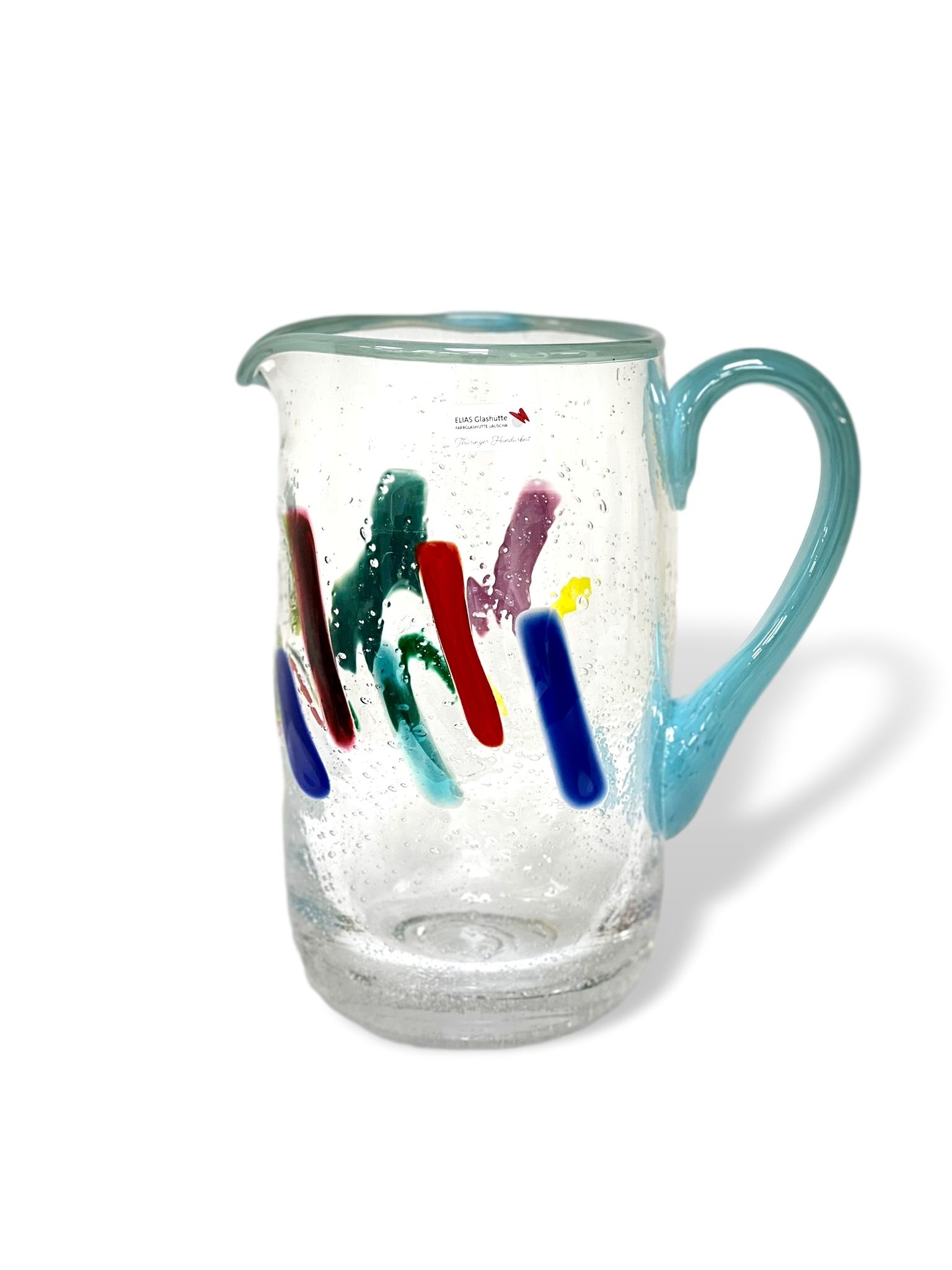 PUEBLO FarbGlasSerie - Saftkrug - Rand türkis bunt - verspielt -vielfältig PUEBLO FarbGlasSerie - Saftkrug - Rand türkis bunt - verspielt -vielfältig