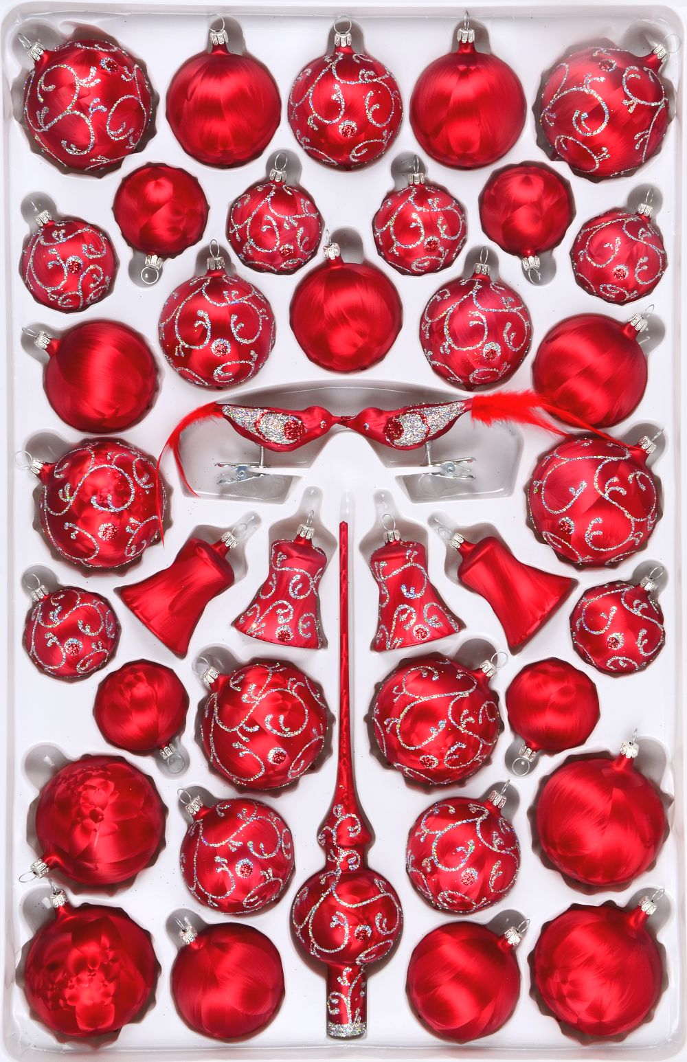 Christbaumschmuck Sortiment ROKOKO 39-teilig Weihnachtsbaumschmuck rot gefrostet silberne Ranken Christbaumschmuck Sortiment ROKOKO 39-teilig Weihnachtsbaumschmuck rot gefrostet silberne Ranken