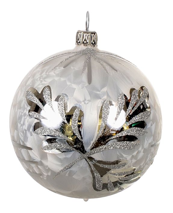 Christbaum Kugel 8 cm weiß gefrostet & Eichenblatt silber Weihnachtsbaumschmuck  WINTERZEIT, 3 -teilig