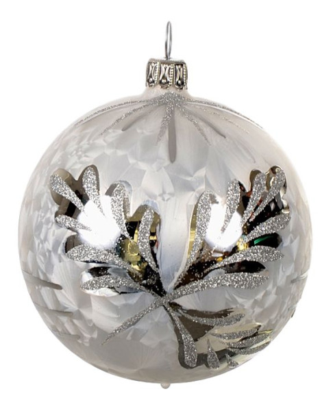 Christbaum Kugel 6 cm weiß gefrostet & Eichenblatt silber Weihnachtsbaumschmuck  WINTERZEIT, 5 -teilig