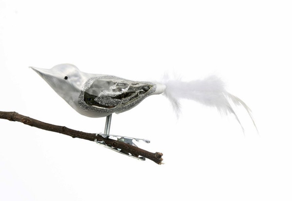 Christbaum Vogel 13 cm weiß gefrostet & Eichblatt silber Weihnachtsbaumschmuck  WINTERZEIT, 4 -teilig